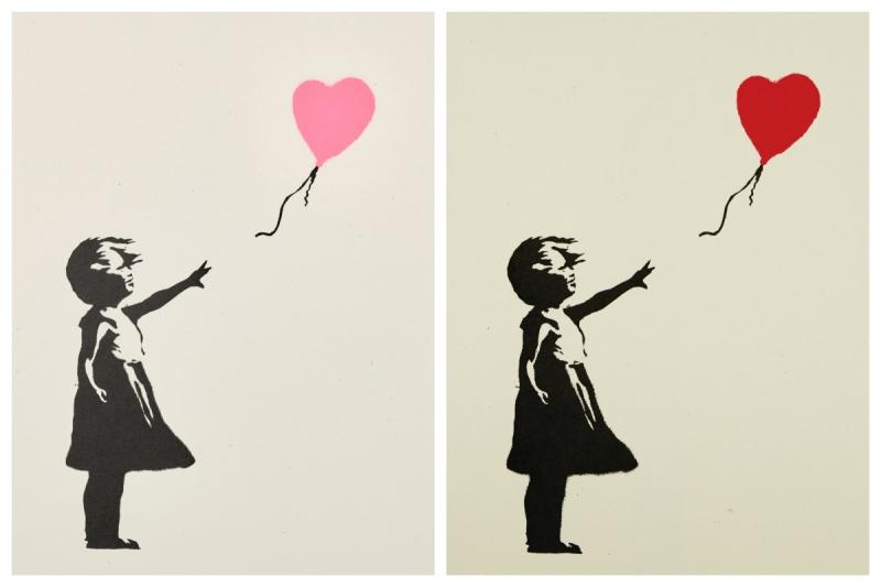 (À gauche) Girl with Balloon - Colour AP (DARK PINK), 2004 vendue 375.000£ (est. 300 - 500.000£) 
(À droite) Girl with Balloon, 2004 adjugée 106.250£ (est. 40 – 60.000£) © Photo: Sotheby’s Ltd.
